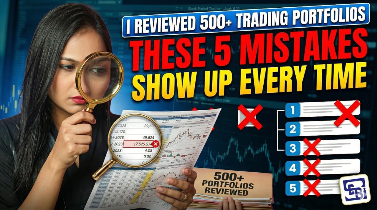 Palak reviewing a trading portfolio beside a checklist of common mistakes