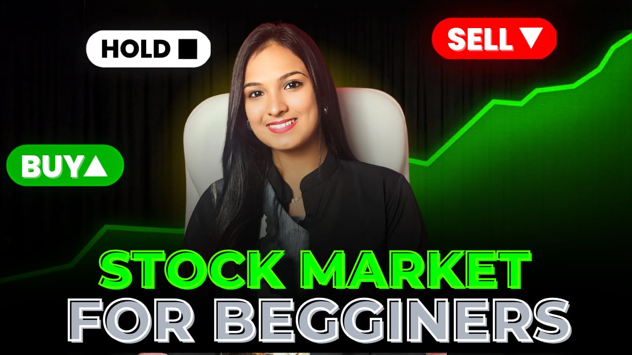 Palak with Buy, Hold, and Sell labels above a Stock Market for Beginners headline
